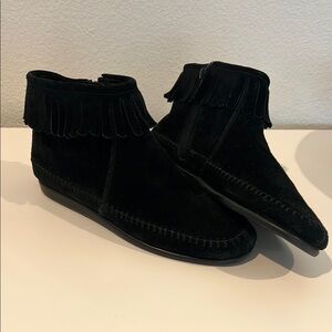 Black Mocassin Ankle Booties with Suede Finish and Zipper Closure